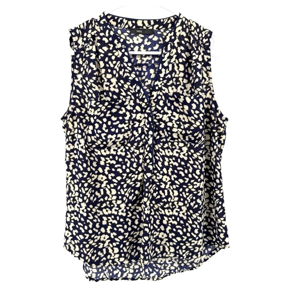 Fate Navy Blue White Sleeveless Blouse Top Career Office Feminine Simple Women M